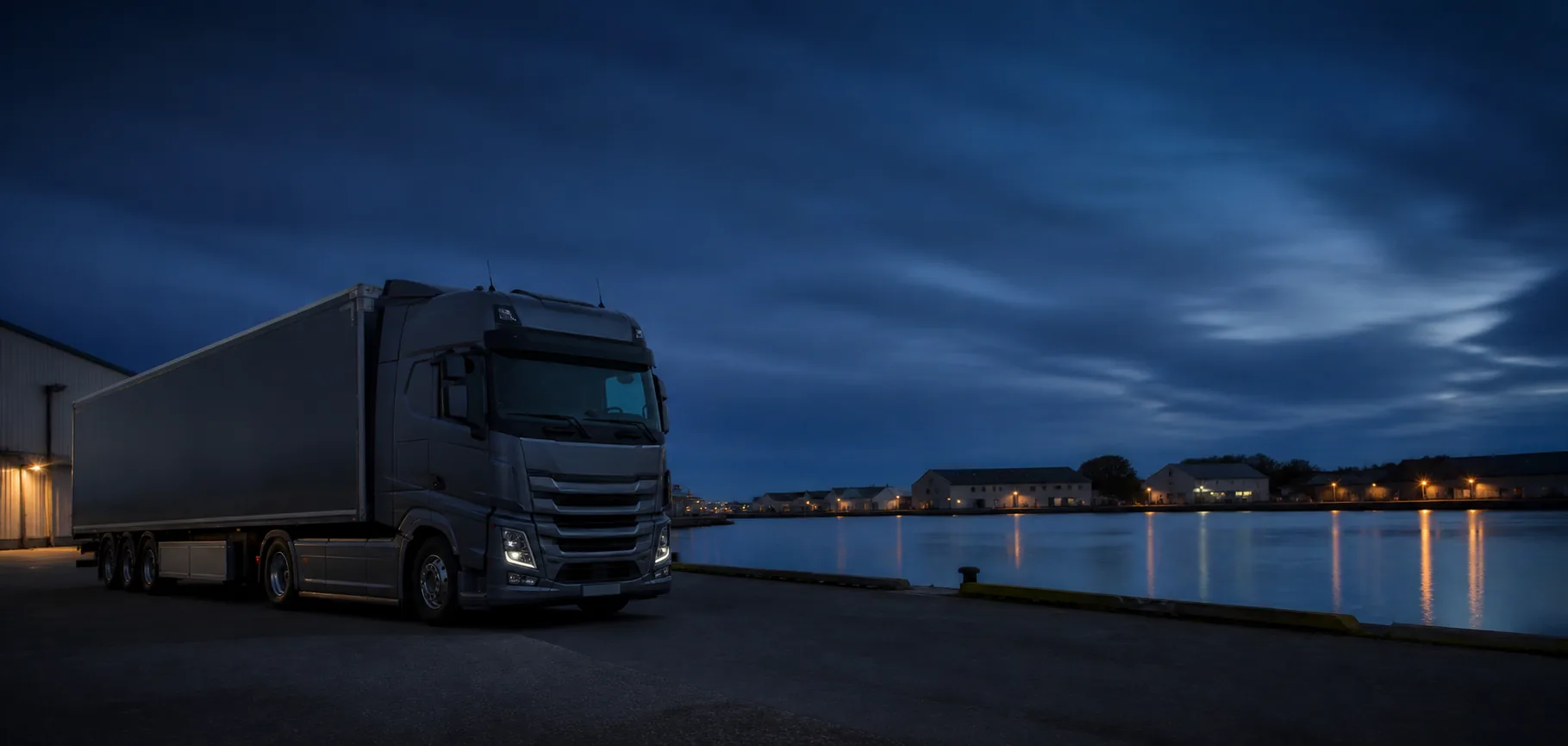 Lastbil ved en rolig dansk industrikaj i skumringen