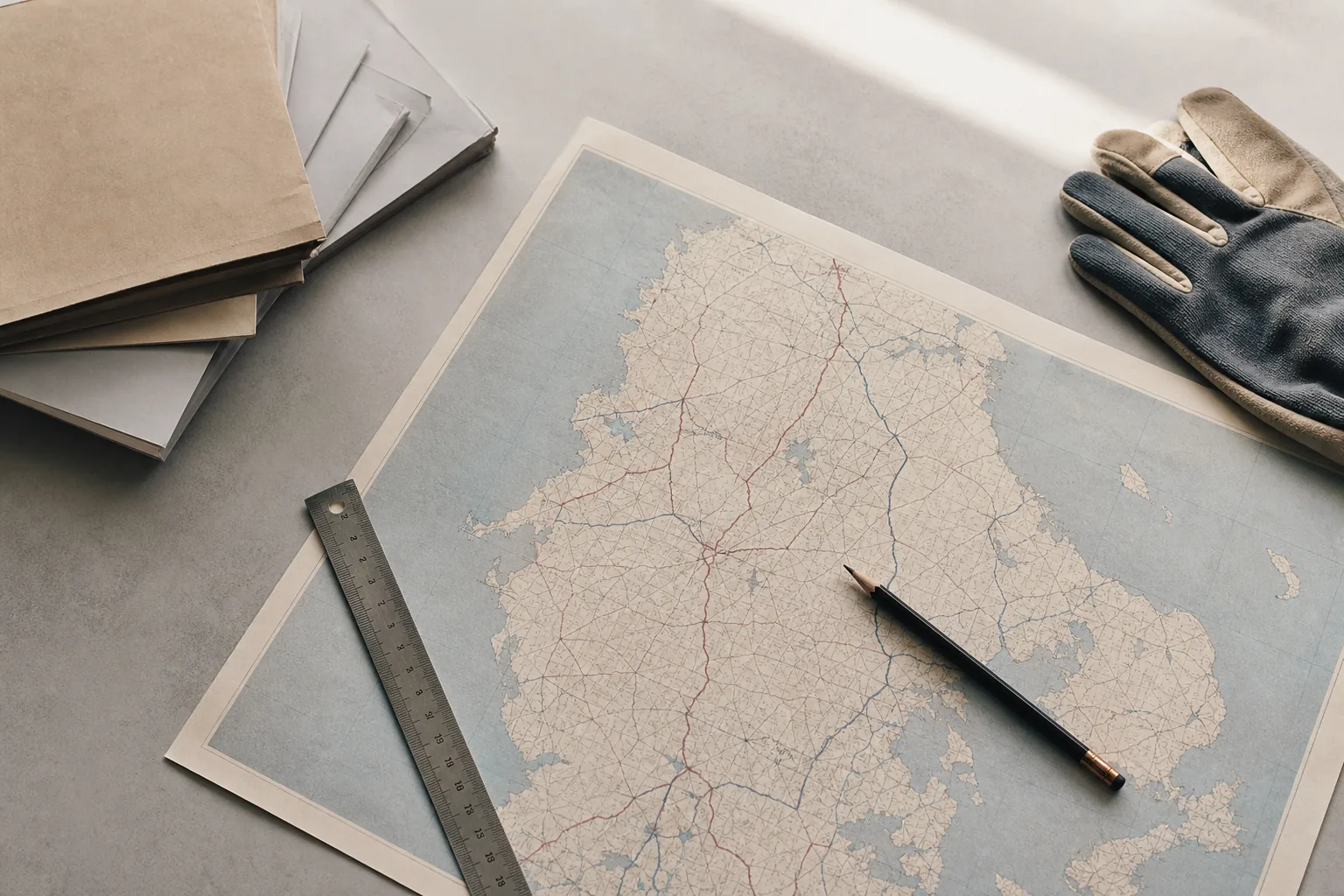 Rutekort og planlægningsmateriale på et bord